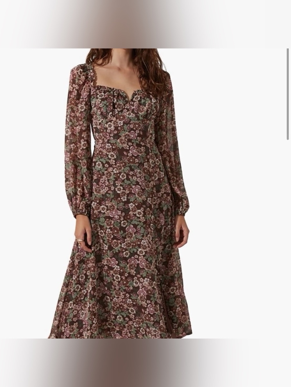 Astr Floral Square-Neck Long Sleeve Midi Dress - Brown/Pink/Green